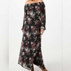 Jones Studio Floral Chiffon Maxi Dress Off Shoulder Long Sleeves Black P…